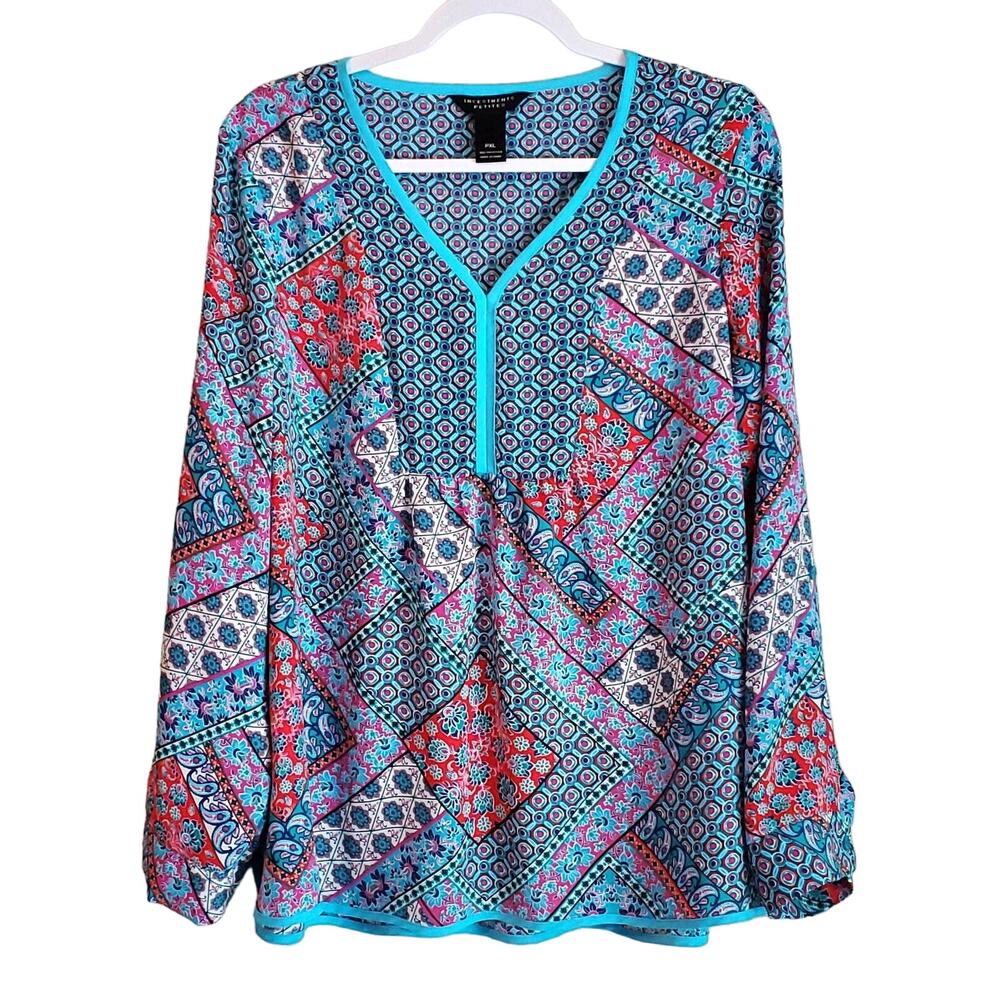 INVESTMENTS PETITES Women PXL Blue Tunic Top Geometric Pattern Long Sleeve